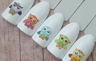 Nail design with owls 3d glass effect