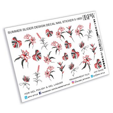 Decal nail sticker  Flowers red-black