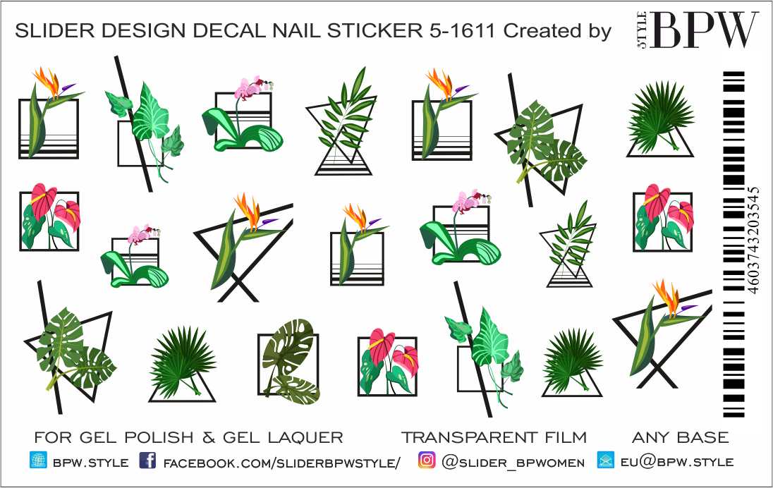 Decal nail sticker Geometry with tropic leaves