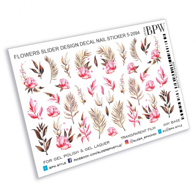 Decal nail sticker Pink flowers with leaves