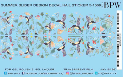 Decal nail sticker Flowers & hummingbird