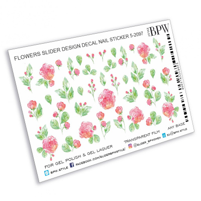 Decal nail sticker Pink flowers with leaves 2